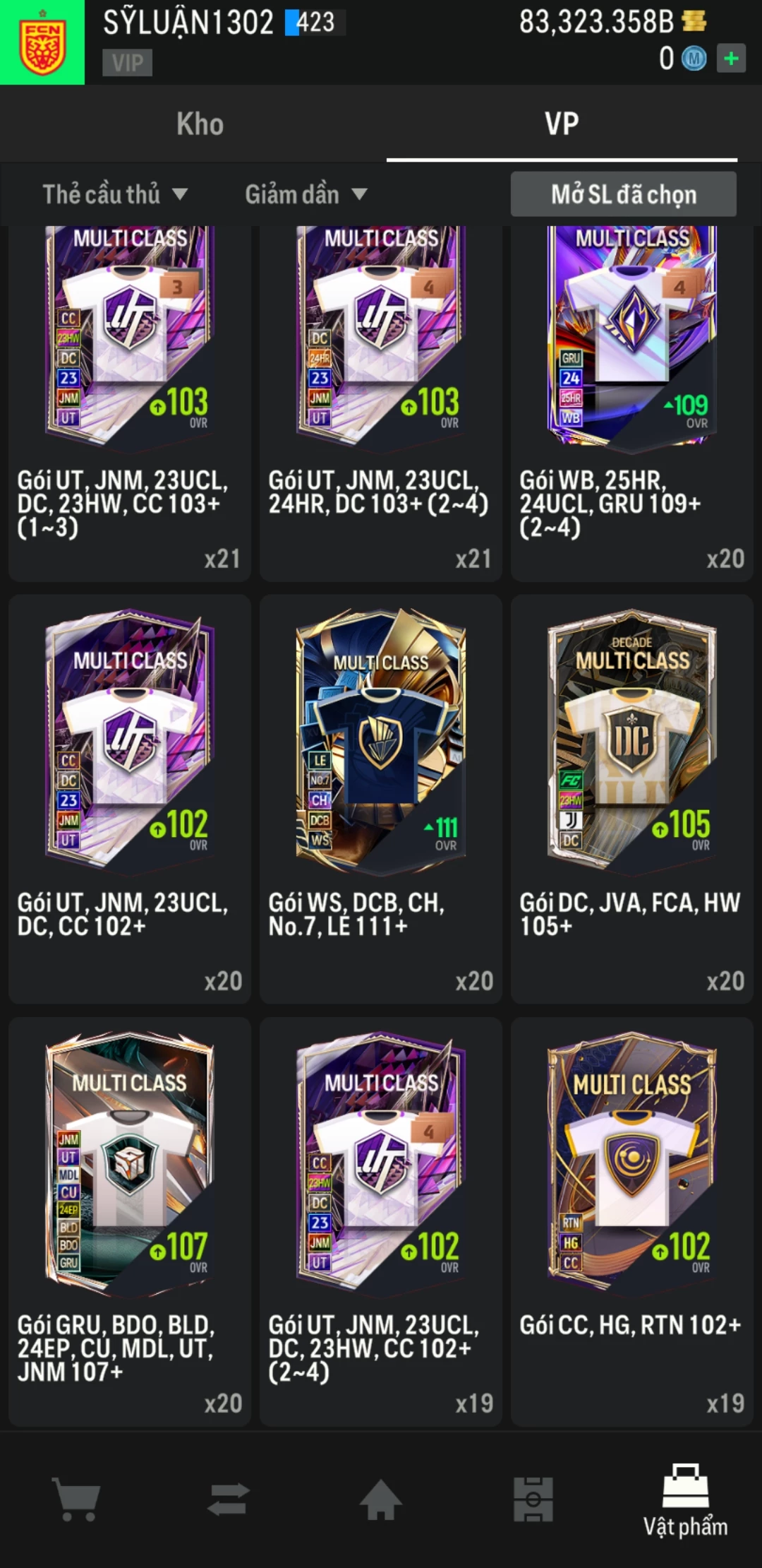 Ảnh ACC mở thẻ (LOẠI SVIP PROMAX) bao gồm có 01 thẻ +12, 03 thẻ PRIME (QH+, CP+, XS+) và hơn 1600+ đến 3500+ thẻ cầu thủ từ Siêu sao đến Miền núi các loại. Acc có sẵn BP trắng từ 55.000 tỷ BP đến 90.000 tỷ BP